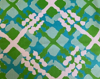 Vintage 1960s Geometric Rayon Crepe Fabric, 1960s Pink and Green Crepe Fabric, Vintage Geometric Fabric