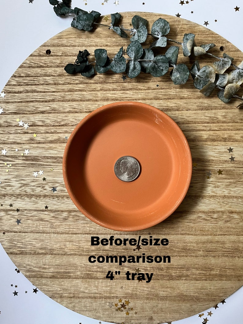 May include: A terracotta tray with a diameter of 4 inches. The tray is on a wooden surface with gold glitter stars scattered around it. The text "Before/size comparison 4" tray" is written below the tray.
