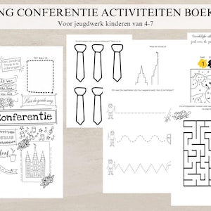 Op de afbeelding: Zwart-witte printbare activiteitenboekje voor kinderen van 4 tot 7 jaar. Het boekje bevat een verscheidenheid aan activiteiten, zoals kleuren, doolhoven en woordzoekers. De omslag toont de tekst "Ring Conference Activities Booklet" en een afbeelding van een kerk.