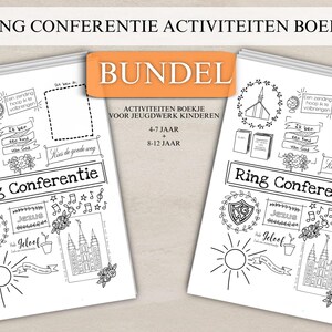 Op de afbeelding: Zwart-witte printbare activiteitenboekbundel voor kinderkerkactiviteiten. Het boek bevat verschillende afbeeldingen die met de kerk te maken hebben, waaronder een tempel, een zon, noten en de woorden "Ring Conference". Het boek is ontworpen voor kinderen van 4-7 en 8-12 jaar.