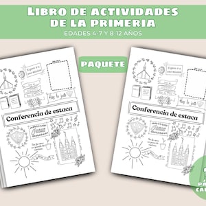 May include: Two activity books with black and white illustrations. The books have the text "LIBRO DE ACTIVIDADES DE LA PRIMERIA" and "EDADES 4-7 Y 8-12 ANOS". The books are labeled "PAQUETE" and "13 PAGINAS CADA UNO". The text "Conferencia de estaca" is also visible.