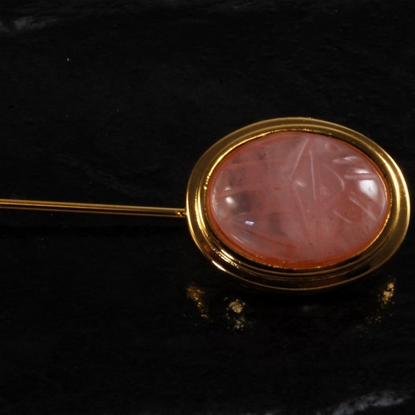 Vintage Scarab Stick Pin Rose Quartz Gold Tone Metal Fashion Accessory