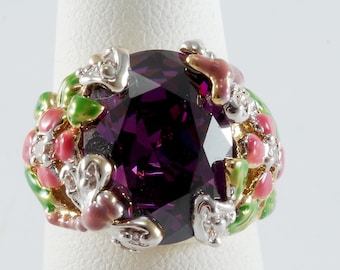 Kirks Folly Ring Floral Dragon Fly Motif Purple Amethyst Glass Center Fashion Jewelry Accessory
