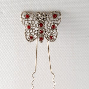 Vintage Haar Gabel Silber Ton Metall Schmetterling Rot Strass Haarschmuck