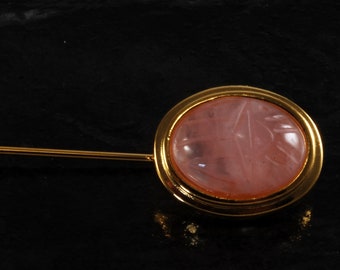 Vintage Scarab Stick Pin Rose Quartz Gold Tone Metal Fashion Accessory