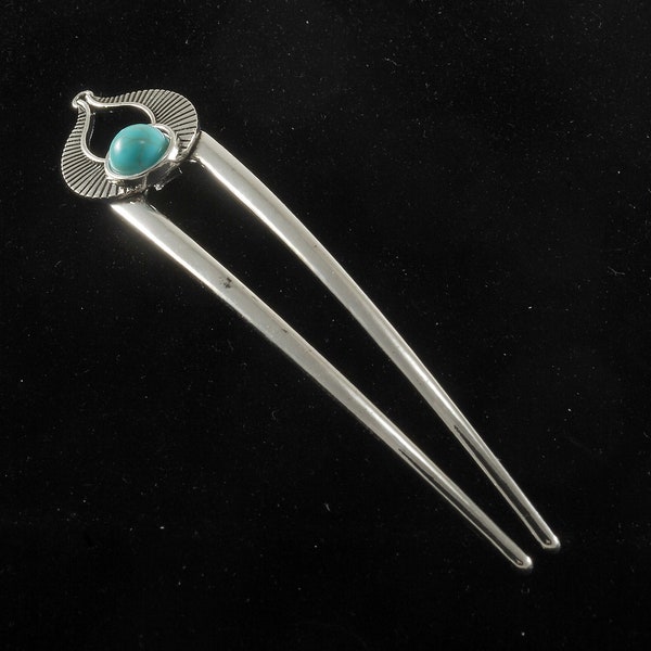 Vintage Hair Pin SilverTone Metal Hair Fork Wing Faux Turquoise Accessory 4 5/8"