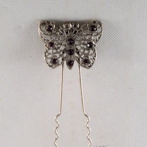 Vintage Haar Gabel Silber Ton Metall Schmetterling Lila Strass Haarschmuck