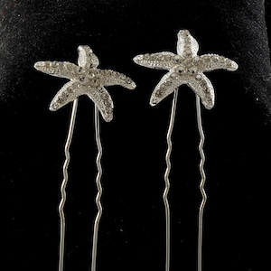 Hochzeit Braut Haarnadel Paar (2) dekorative silberfarbene Strasssteine Sterne Fische Metall Haarforke 7,5 cm