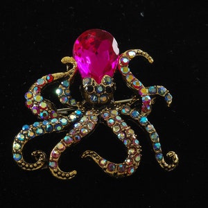 Vintage Pin Pendant Octopus Gold Tone Metal Rhinestones Pink Gem Gold Tone Metal Fashion Accessory 1 1/2"