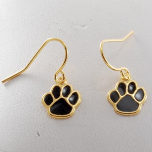 Vintage Earring Pair Paw Prints  Cat Dog Gold Tone Metal Black Enamel Ladies Jewelry