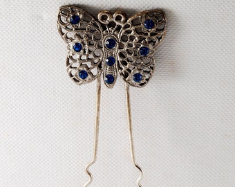 Vintage Hair Fork Silver Tone Metal Butterfly Blue Rhinestones Hair Accessory