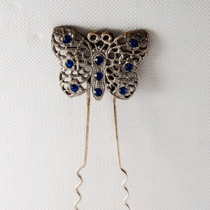 Vintage Haar Gabel Silber Ton Metall Schmetterling Blau Strass Haarschmuck