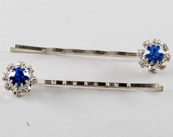 Vintage Hair Pins Flower Bobby Pins Blue Rhinestone Silver Tone Metal Pair Accessory