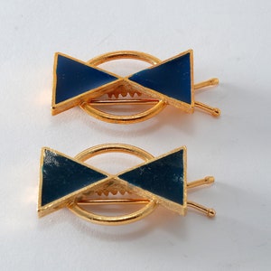 Vintage Hair Barrette Pair Gold Tone Metal Blue Enamel Art Deco Style Pinch Clasp Hair Clip Barrette Accessory 1 1/4&quot; x 1&quot;