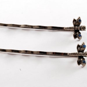 Vintage Hair Pins Bobby Pins Silver Tone Metal Blue Rhinestone Fire Fly Pair Hair Accessory