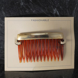 Vintage Side Comb Hair Comb Accessory Tortoise Brown Plastic Gold Tone Metal Topper Signed Made in USA NOC 1 3/4" x 2 3/4"