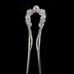 Hair Pin Gold Tone Metal Hair Fork White Bead Rhinestone Design Accessory 4 1/2&quot;