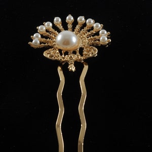 Hair Pin Gold Tone Metal Faux Pearl Burst Hair Fork Accessory 4&quot; Bridal Wedding Formal Event