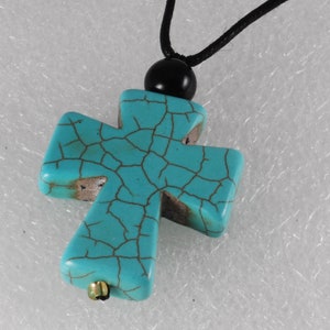 Dyed Howlite Cross Stone Blue Adjustable Black Cord Necklace Jewelry 1 1/4” x 1 3/8”