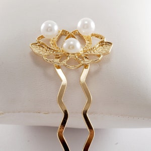 Hair Pin Gold Tone Metal Faux Pearl Hair Fork Accessory 3 1/2&quot; Bridal Wedding Formal Event