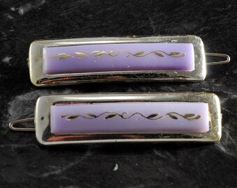 Vintage Hair Barrette Pair Plastic Silver Metalized Plastic Wire Clasp Hong Kong Purple