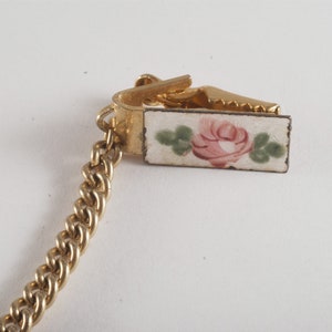 Vintage Sweater Clip Guard Gold Metal Guilloche Flower Enamel Clothing Accessory image 1