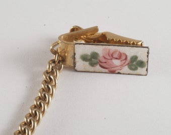 Vintage Sweater Clip Guard Gold Metal Guilloche Flower Enamel Clothing Accessory