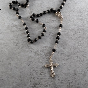 Vintage Rosary Bead Cross Necklace Signed Italy Religious Silver Tone Metal Black Plastic  Beads
