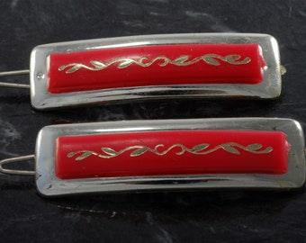 Vintage Hair Barrette Pair Plastic Silver Metalized Plastic Wire Clasp Hong Kong Red