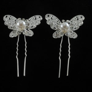 Hochzeit Braut Haarschmuck Haarnadel Schmuck silberfarbene Strass Perlen Schmetterling Metall Haarforke 7,5 cm