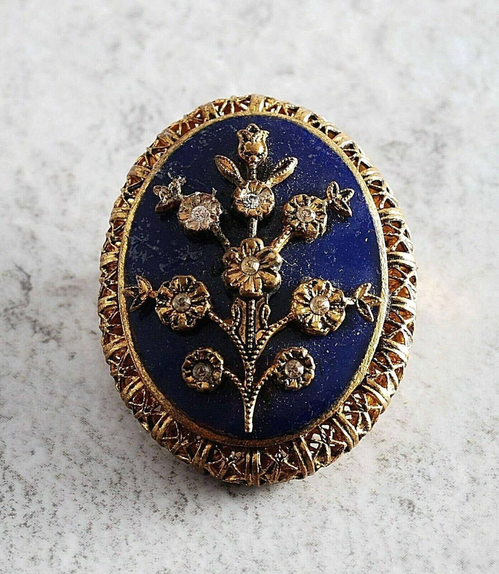 Vintage Lisner Signed Pin Brooch Blue Enamel Rhinestone Flower Etsy