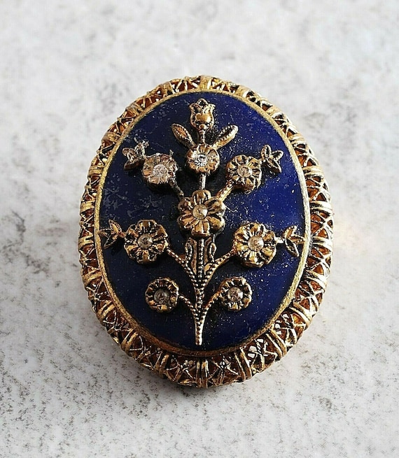 Vintage Lisner Signed Pin Brooch Blue Enamel Rhin… - image 1