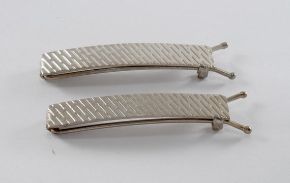 Vintage Hair Barrette Pair Silver Tone Metal Etch… - image 1