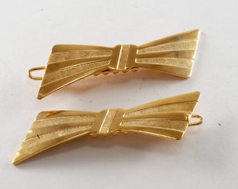 Vintage Hair Barrette Pair Bow Gold Tone Metal Hair Clip Barrette Accessory 1 3/4" x 3/4"