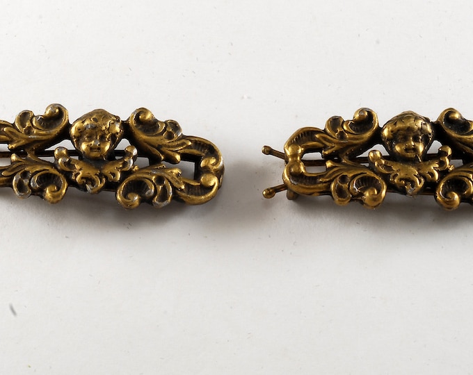 Vintage Hair Barrette Pair Brass Metal Victorian Cherub Motif Hair Accessory