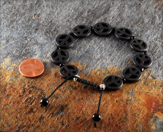 Peace Bracelet Black Dyed Howlite Peace Symbol Ad… - image 3