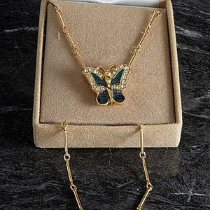 Vintage Ladies Necklace Butterfly Gold Tone Metal Enamel Rhinestones Jewelry