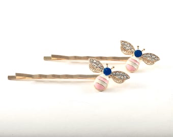 Hair Pins Bobby Pins Gold Tone Metal Rhinestone Pink and White Bumble Bee Pair Hair Accessory 2 1/2"