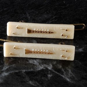 Vintage Hair Barrettes Clarinet Gold Tone Metal Off White Cream Glass Made in W. Germany Brass Snap Clasp Music Instrument