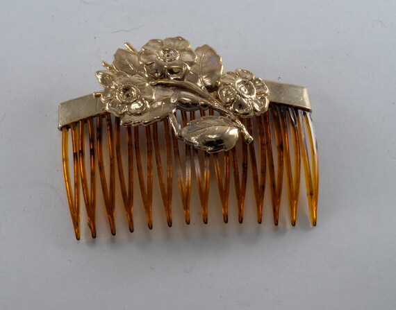 Vintage Hair Comb Metal Topper Gold Tone Flower B… - image 3