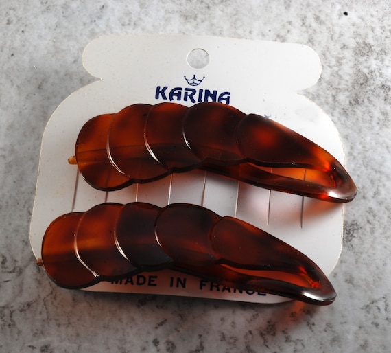 Vintage Hair Slide Barrette Brown Plastic Pair Ka… - image 1