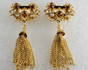 Vintage Shoe Clips Gold PLated Metal Ruby Clear Rhinestone Tassel Pair