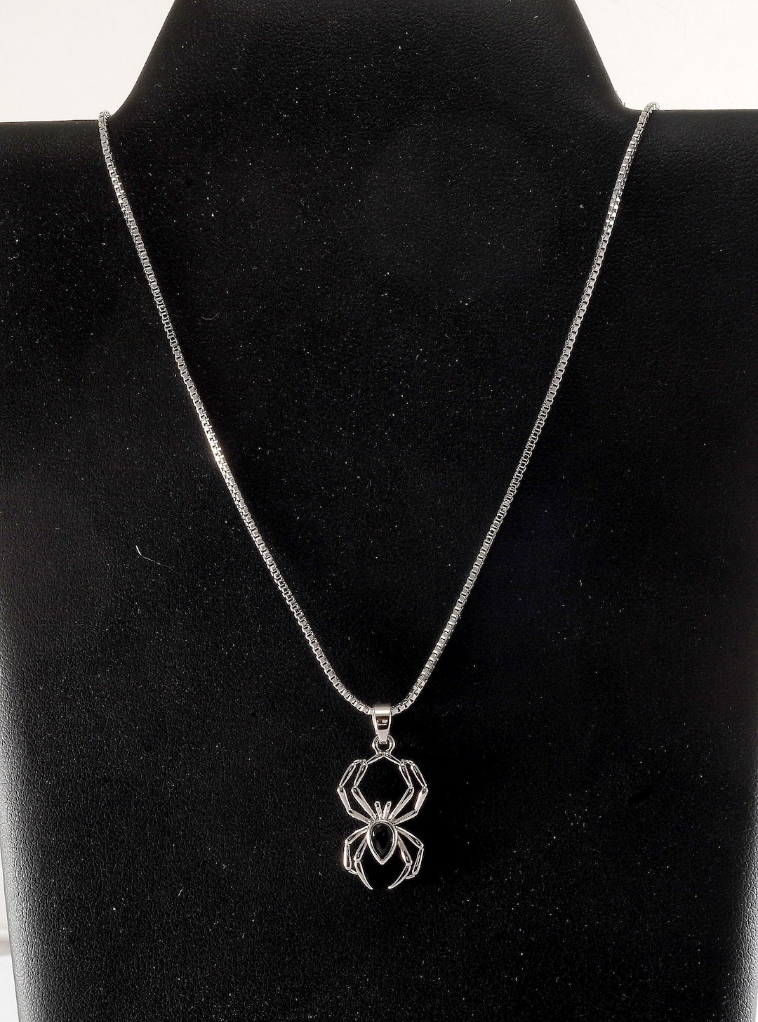 Vintage Necklace Spider 18” Box Chain Silver Tone Metal Black Gem ...