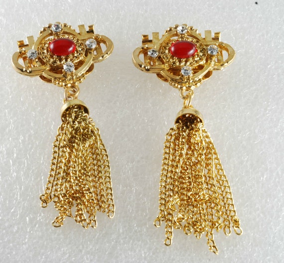 Vintage Shoe Clips Gold Metal Red and Clear Rhine… - image 1