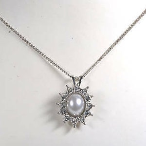 Collana vintage Argento Tono Metallo Finto Perla Strass Gioielli Accessorio