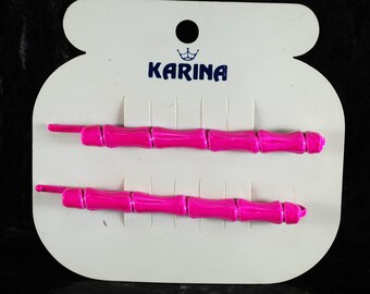 Vintage Karina Hair Barrette 1970's Made In France Pink Bamboo Style Top Bobby Pin Barrette Metal Accessory