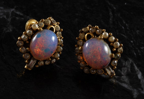 Vintage Clip on Earring Pair Fire Opal Gold Tone Metal Jewelry 3 4