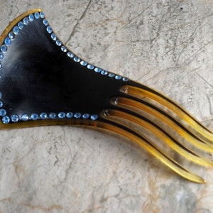 Vintage Celluloid Hair Fork Black on Clear Art Deco Blue Rhinestone Mantilla