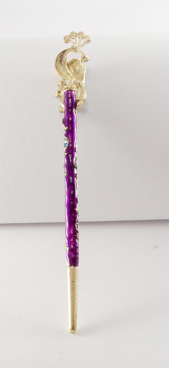 Peacock Hair Stick Hair Accessory Colorful Purple Cloisonne 