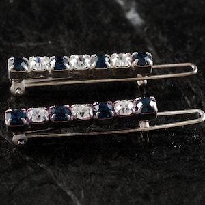 Vintage Hair Barrette Pair Clear Blue Rhinestones Silver Metal Hair Jewelry 1 1/4&quot; x 3/16&quot;